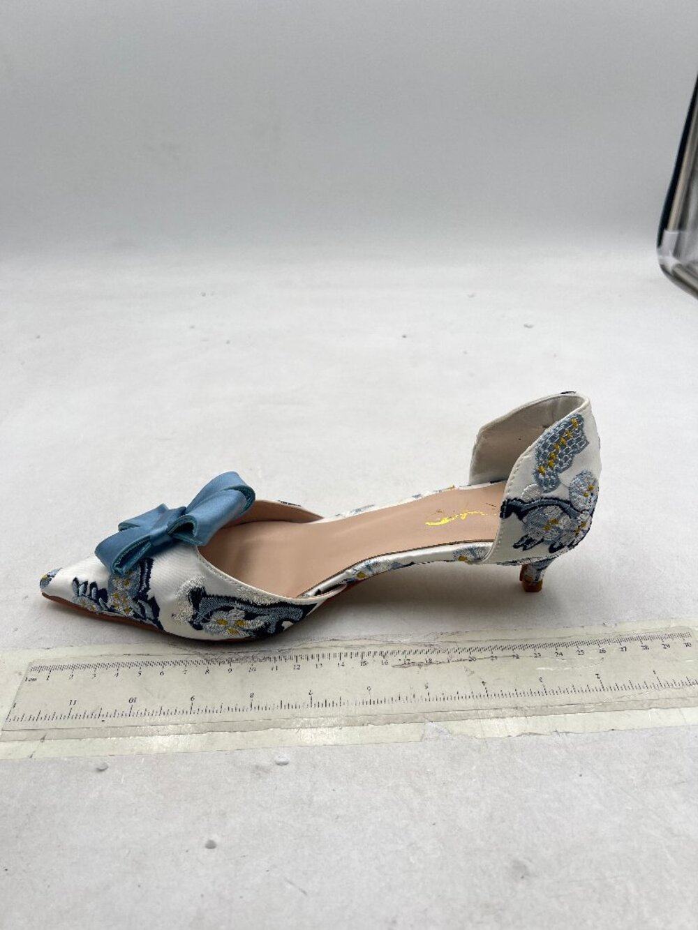 XYD Blue Bloom Embroidery D'Orsay Kitten Heel Bridal Bowknot Pump Point Toe Shoe